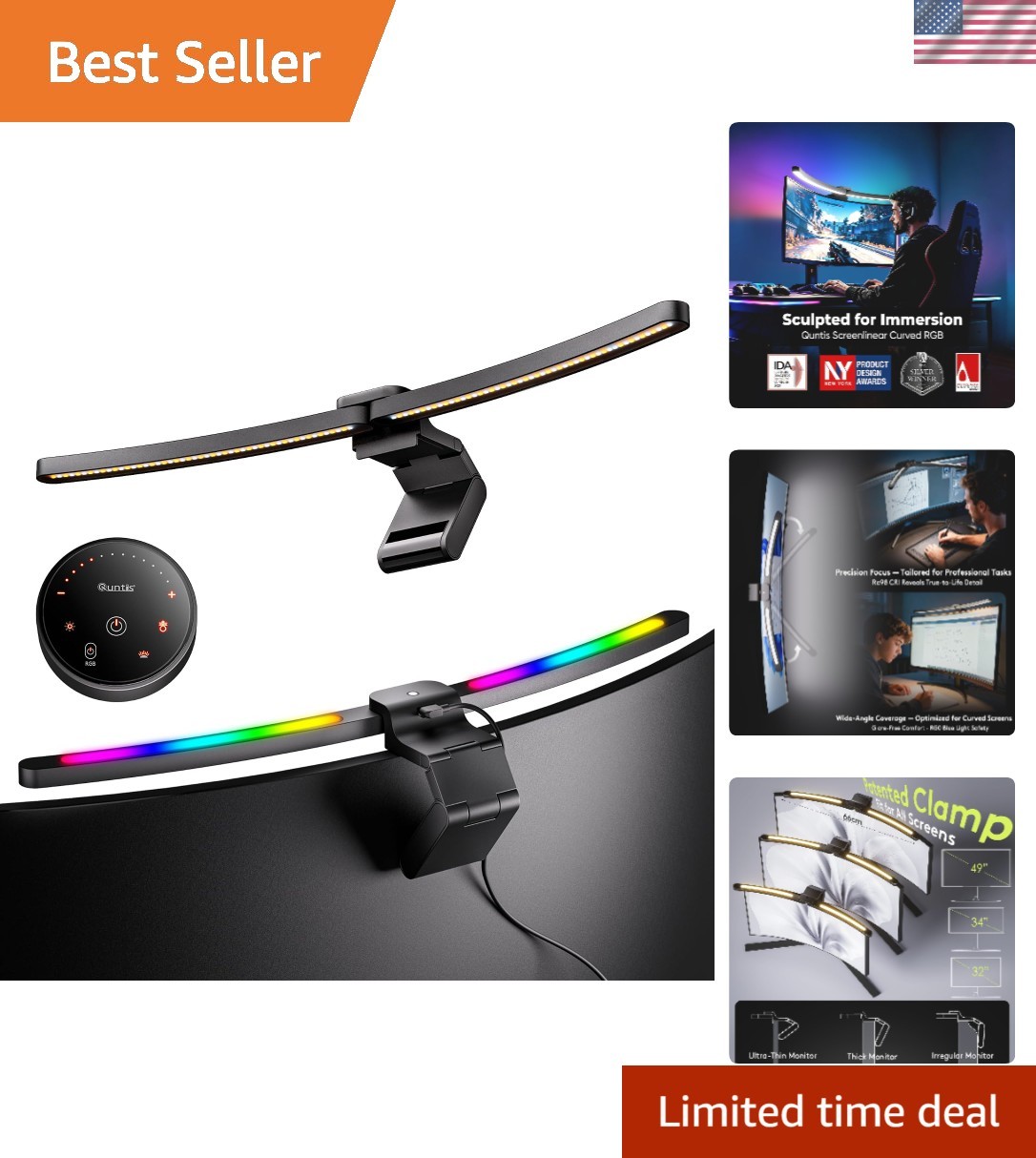 Curved Monitor Light Bar 15 RGB Backlight for 34"+ Screens, Computer Bar Ligh...