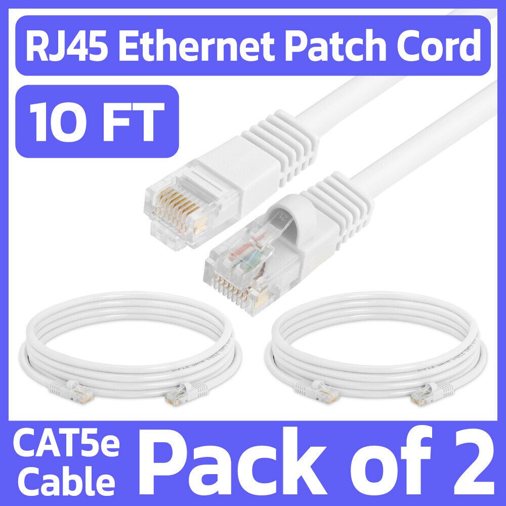 2 Pack White Cat5e Ethernet Patch Cable 10ft RJ45 Network Cord Internet Wire