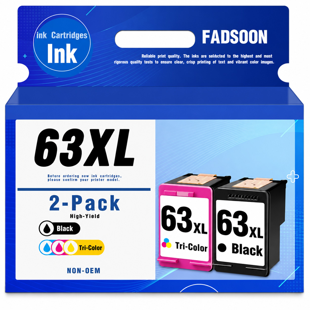 FADSOON® 63XL 2-Pack (B/Tri) Ink Cartridges for HP Envy 4520 4512 OfficeJet 4650