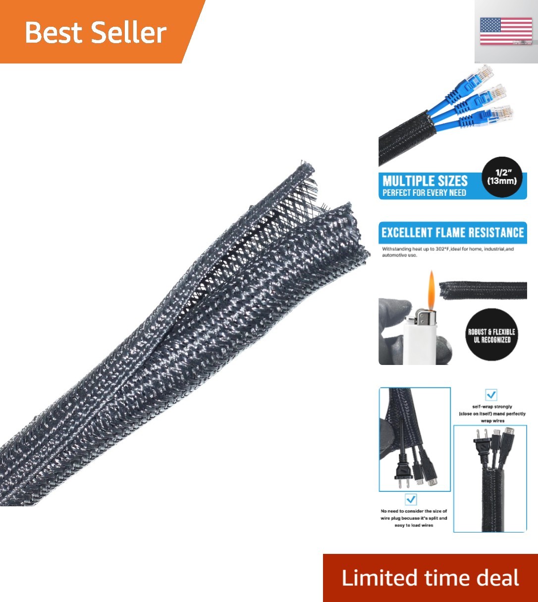 6.5ft - 1/2 inch Cord Protector Wire Loom Tubing Cable Sleeve Split Sleeving ...