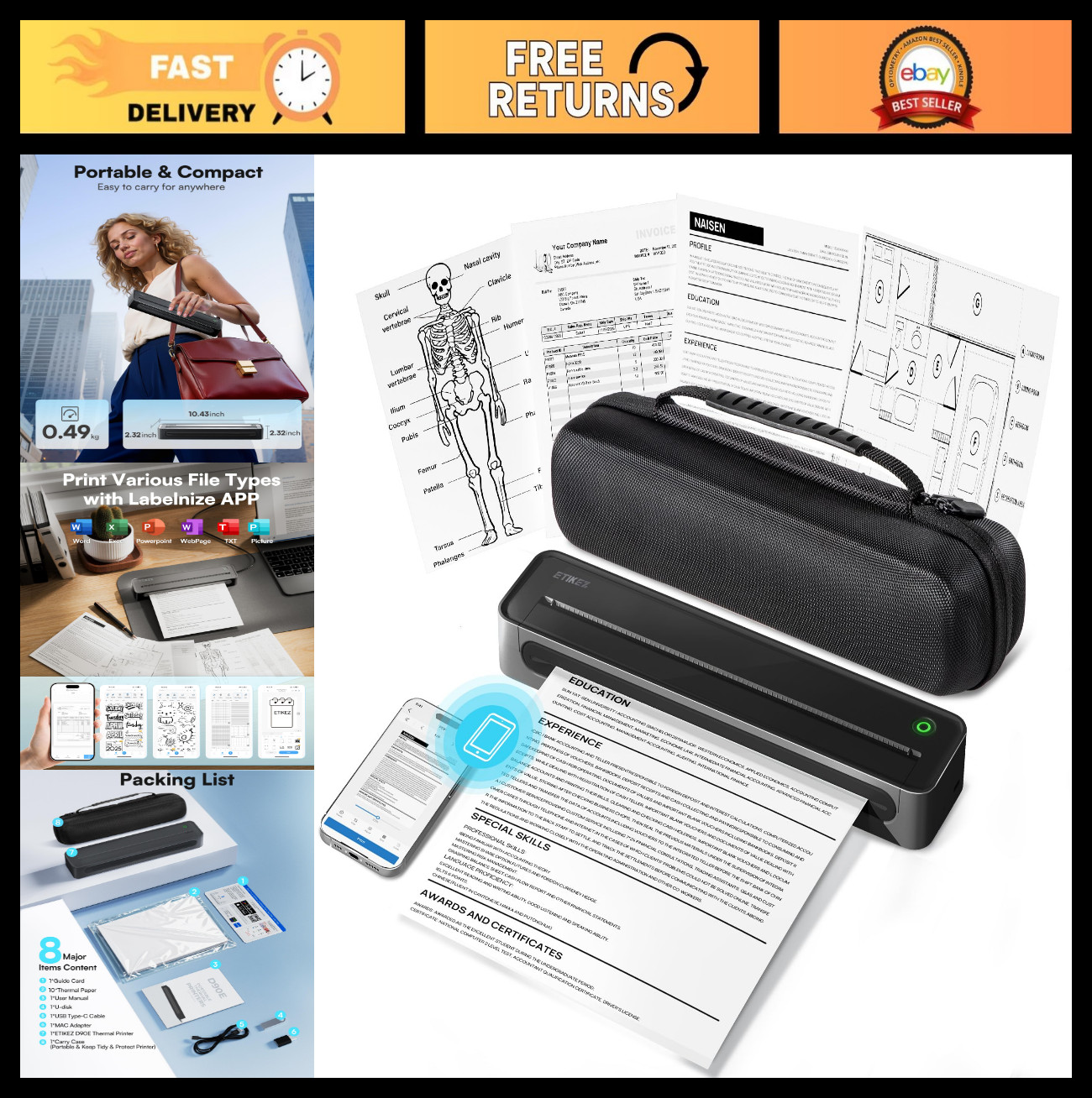 Inkless Portable Thermal Printer - Compact Wireless Bluetooth 8.5"x11" for Trave