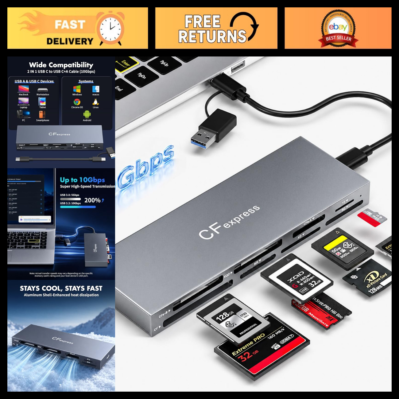 8-Slot CFexpress Type B & A Card Reader, USB 3.2 10Gbps Memory Card Adapter for