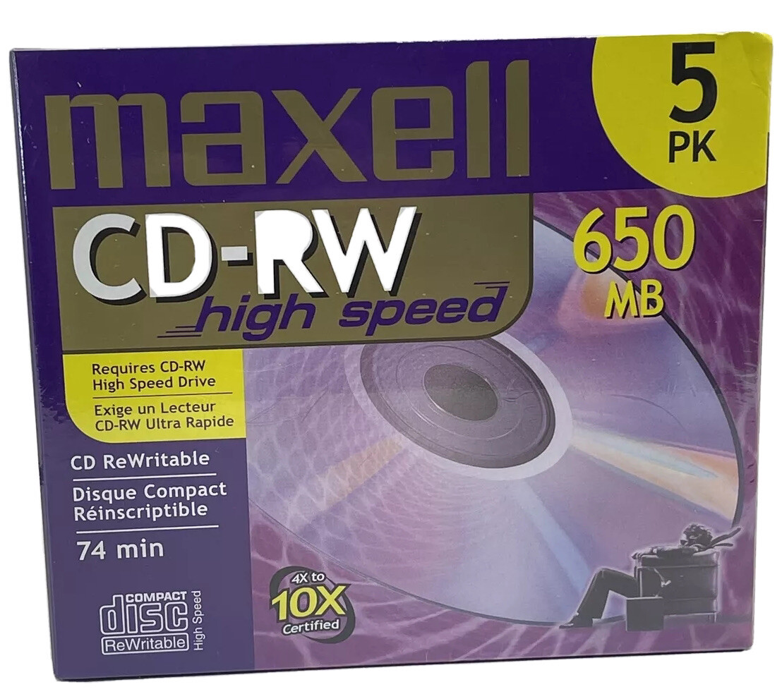 Maxell CD-RW High Speed Discs, 650MB, 4X - 10X, 5 Pack, New, Sealed