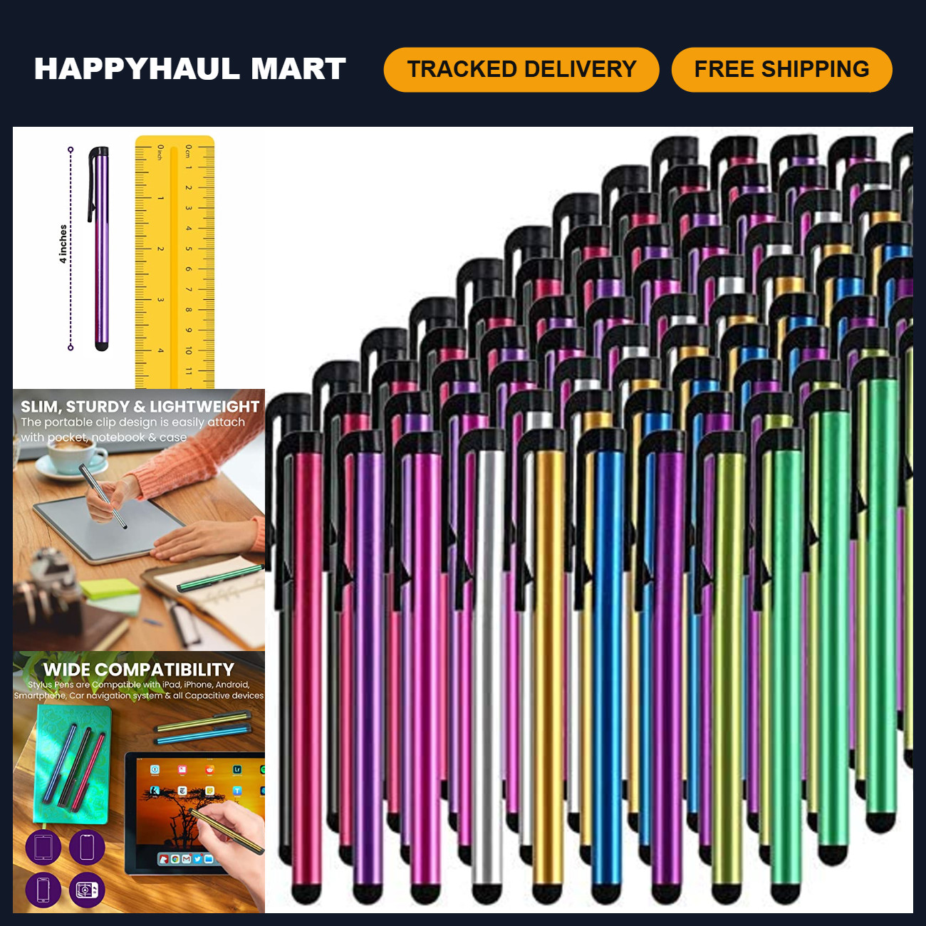 100 Pack Stylus Pens for Touch Screen Devices - Thick Rubber Tip, Multi-Color Se