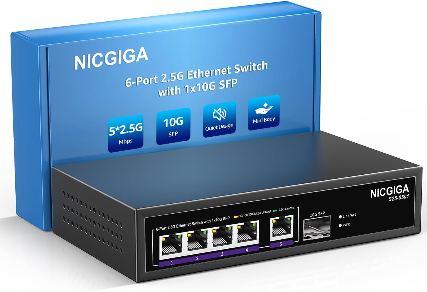 NICGIGA 5 Port 2.5G Ethernet Switch with 10G SFP Uplink, Unmanaged 2.5Gb Network
