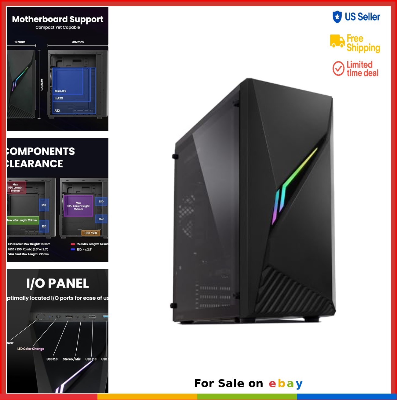 ATX Mid Tower Gaming PC Case RGB Lighting Tempered Glass Side Panel 120mm Fan