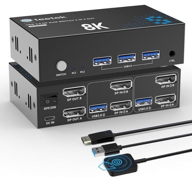 Steetek 8K KVM Switch 2 Monitors 2 Computers DisplayPort, with 3 USB 3.0 Hub,...