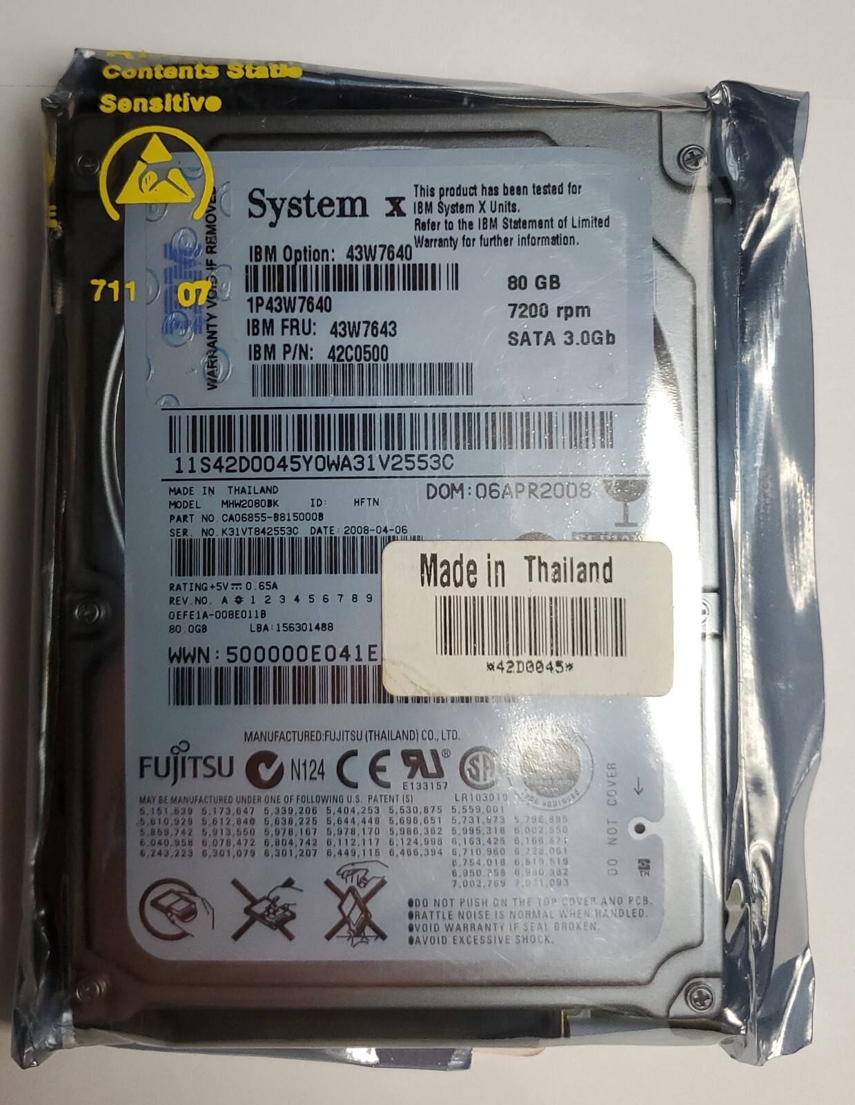 NEW IBM System x SFF 80 GB 2.5" SATA 7200 RPM Hard Drive 43W7640 43W7643 42C0500