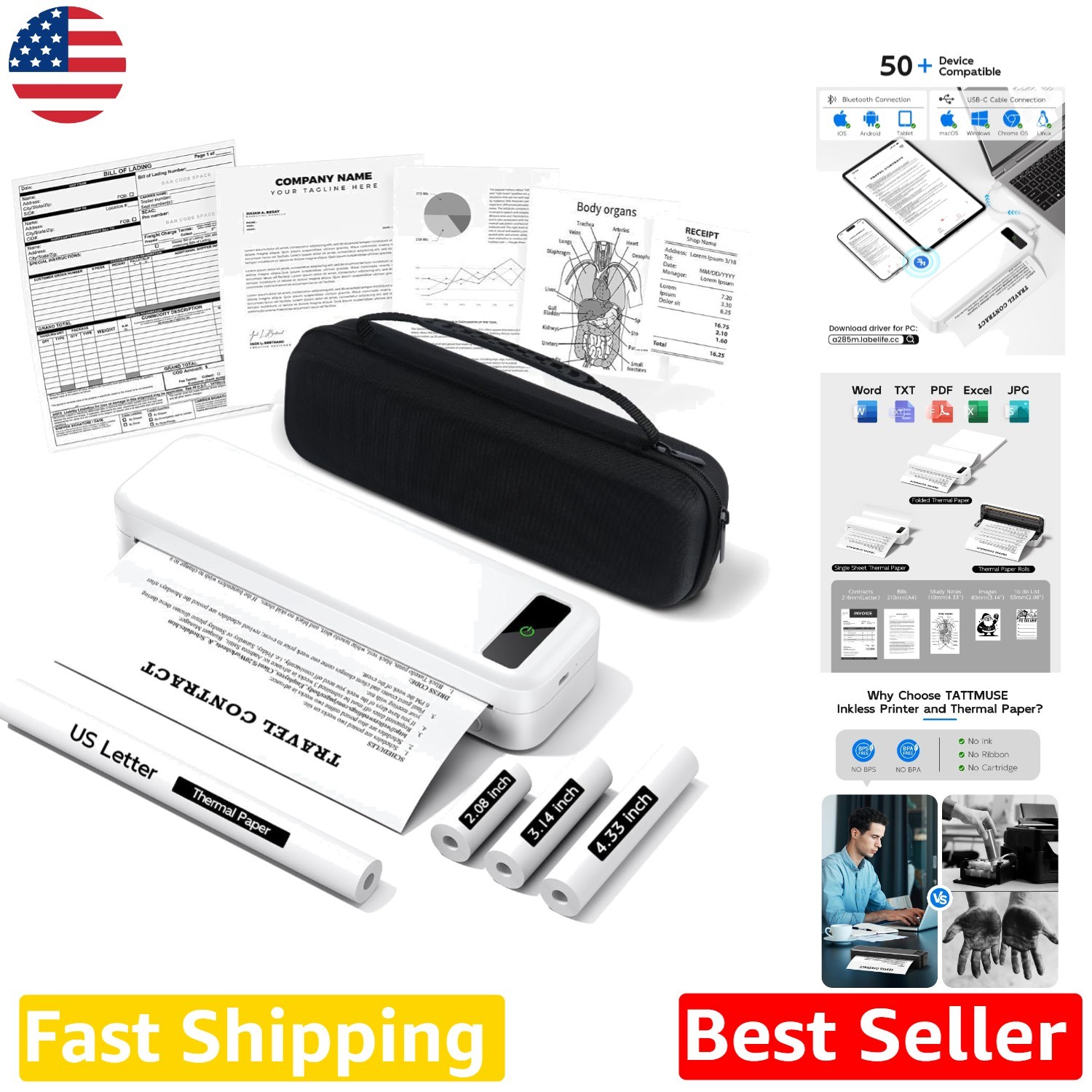 Compact Wireless Thermal Printer: Inkless Travel Device, Case, 4 Rolls Included