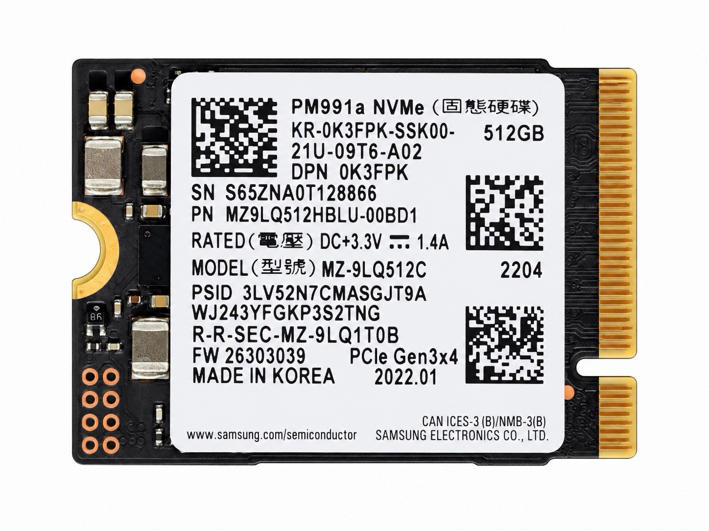 Samsung PM991a 512GB M.2 2230 NVMe PCIe Gen3x4 SSD MZ9LQ512HBLU-00BD1