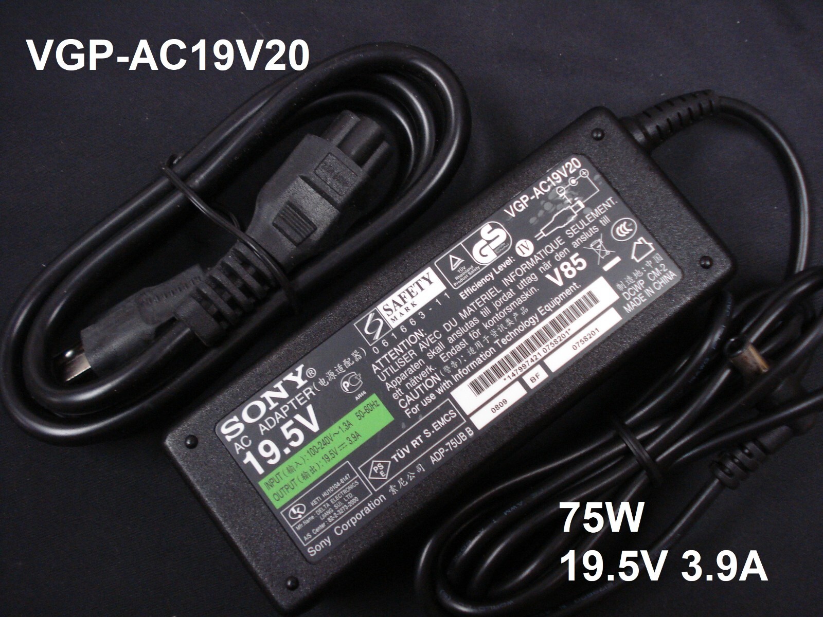 Genuine OEM VGP-AC19V20 AC Power Adapter 19.5V 3.9A 75W for SONY Vaio Laptop