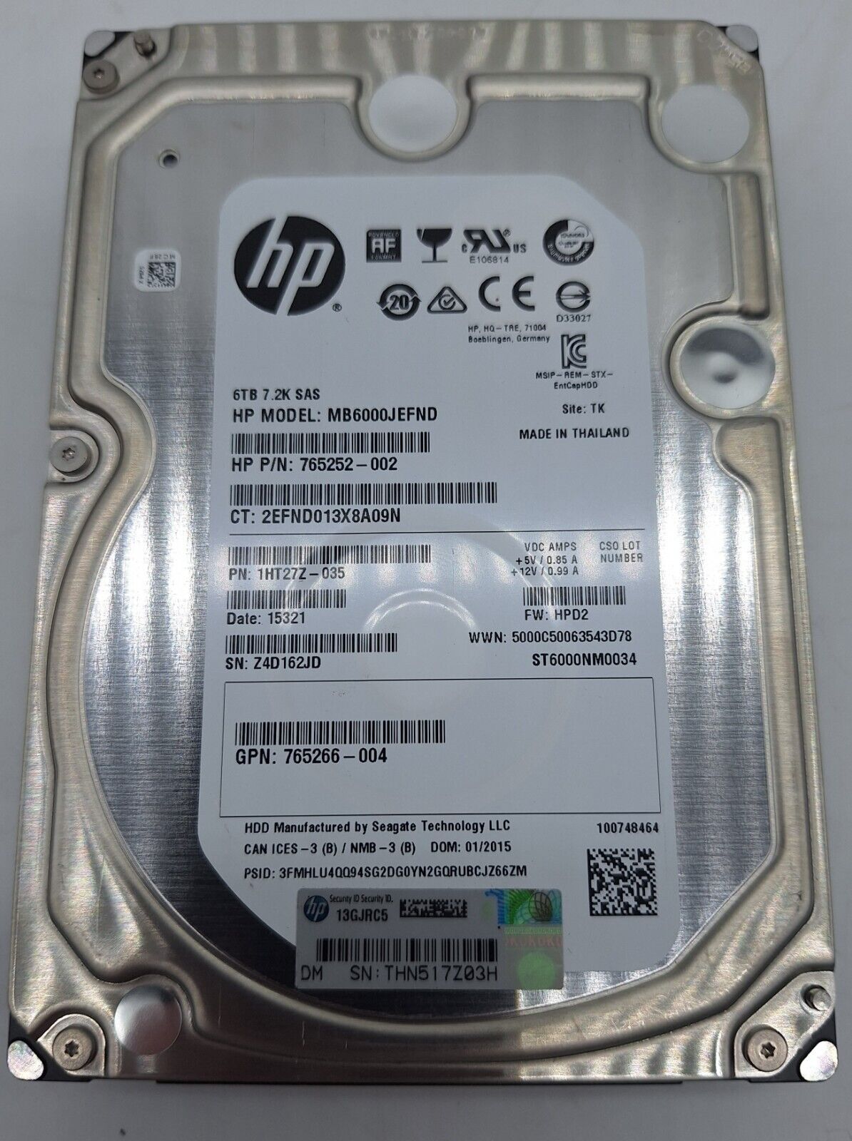 HPE 6TB 7.2K 3.5 12GB SAS Hard Drive Only 765252-002,  765259-B21  * 100% health