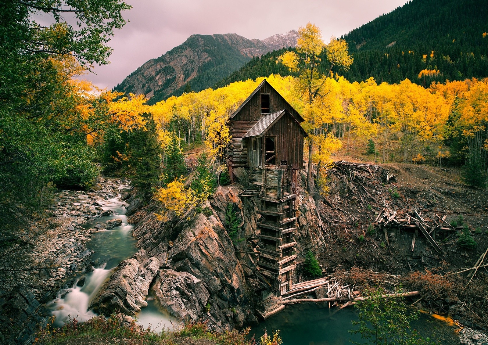 Landscape mill fall mining forest mountains trees water Custom Gaming Mat Desk