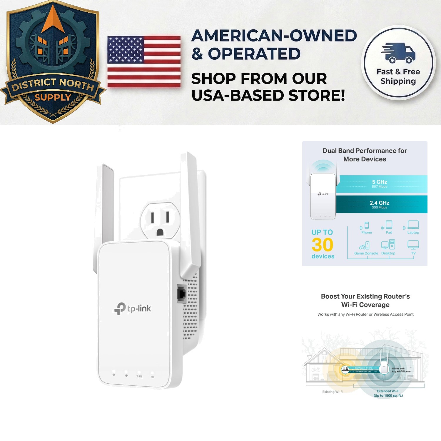 EasyMesh Compatible AC1200 WiFi Extender - Expand Your Home Network Effortlessly