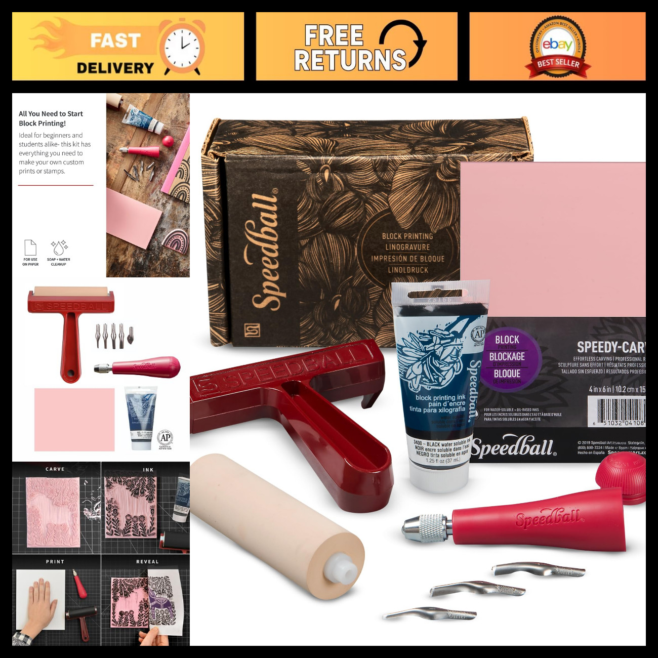 Block Printing Starter Kit - Ink, Brayer, Lino Handle, Cutters, Speedy-Carve Too