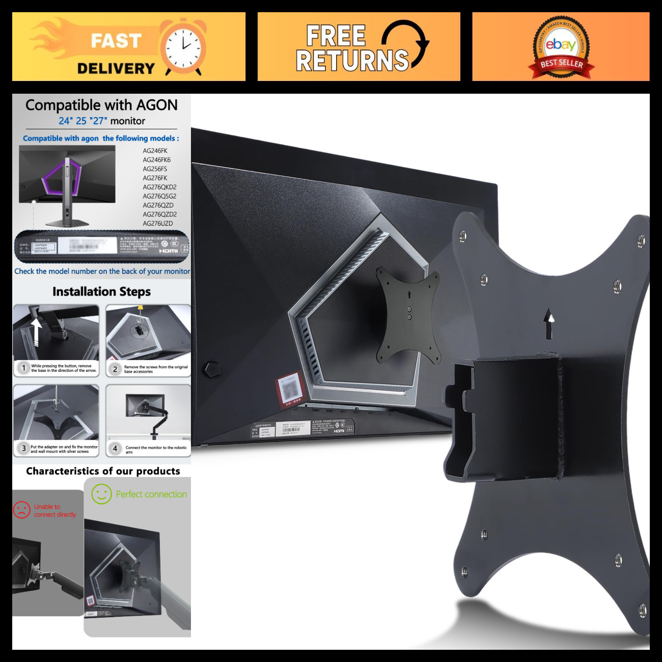 VESA Mount Adapter for AOC Agon PRO 24" 25" 27" Monitors - Adjustable, Durable F
