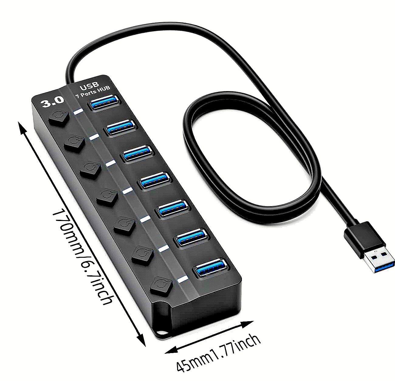 7 Port USB 3.0 Hub Extender for Laptop PC PS4 PS5 5Gbps Switches with 4ft WIRE