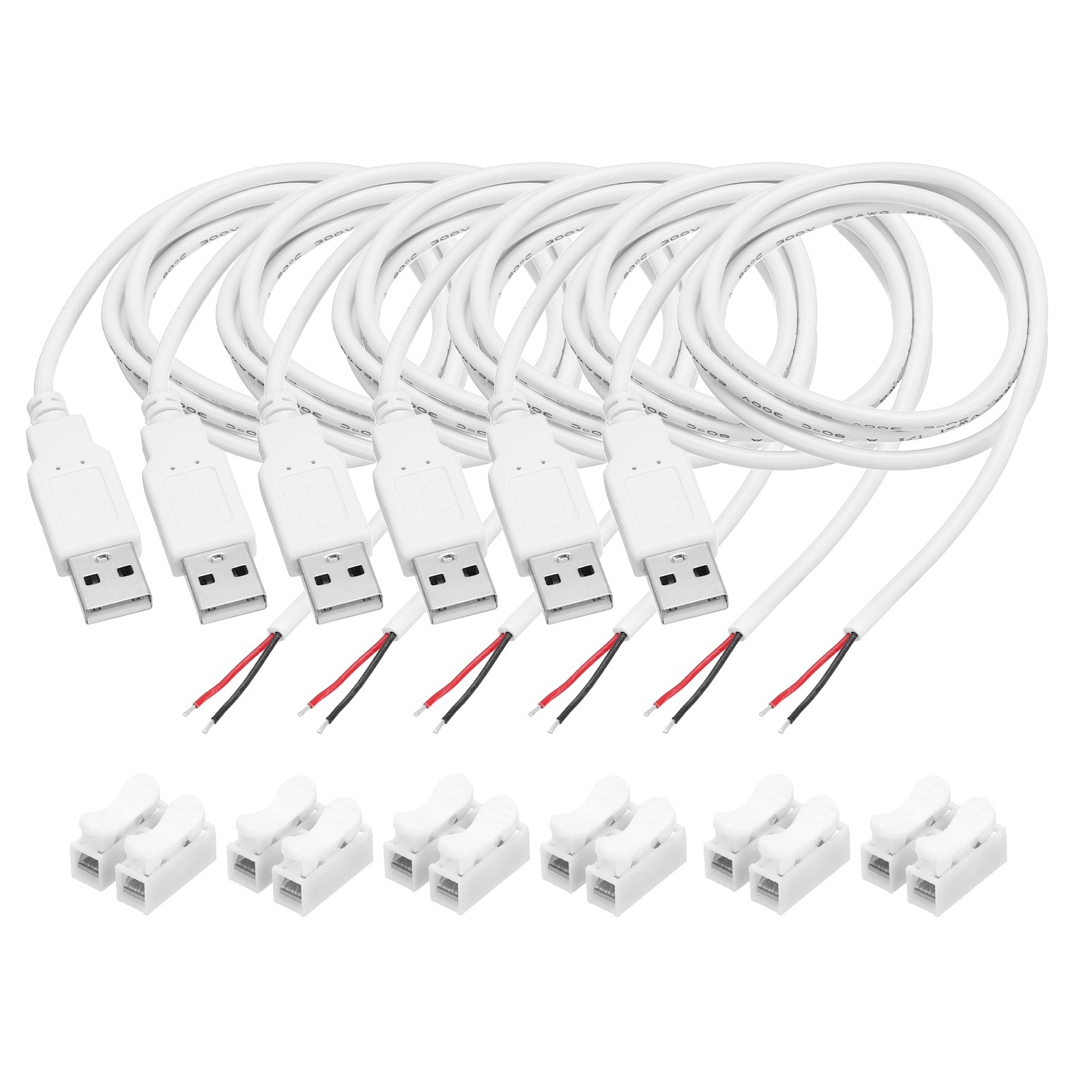 6Pcs USB Plug Pigtail, 1M/3.2FT Male 22 AWG 5V 3A with Wire Connector, White