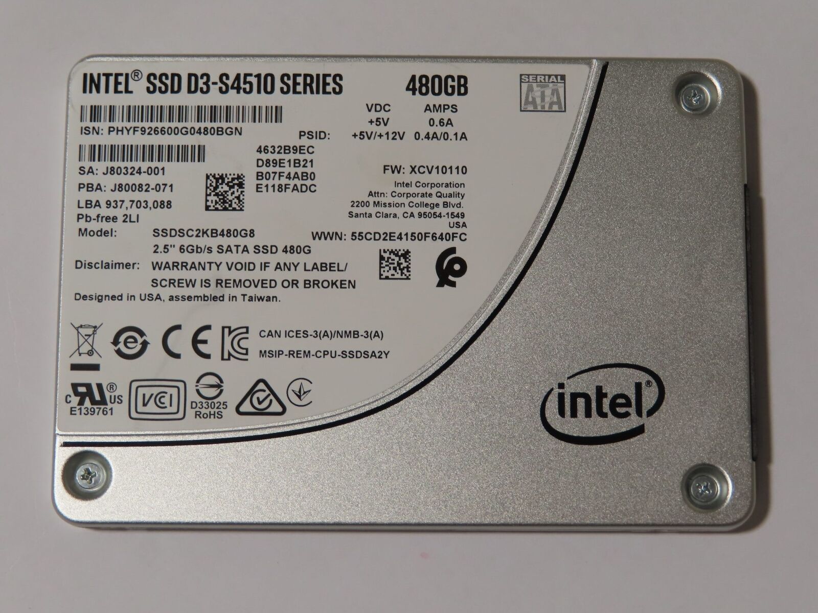 Intel 480GB SATA SSD D3-S4510 Series 2.5