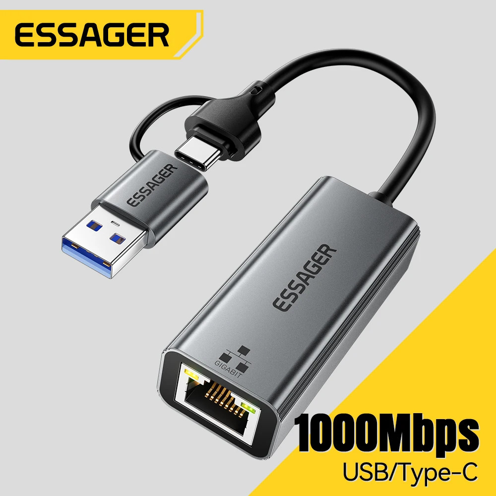 Essager 2-in-1 Ethernet Adapter USB/Type-C to RJ45 Network Card 1000Mbps Speed