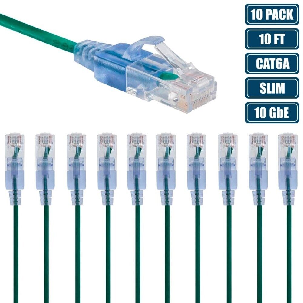 10 Pcs 10FT CAT6A RJ45 Slim Ethernet LAN Network Cable Copper Wire 30AWG Green