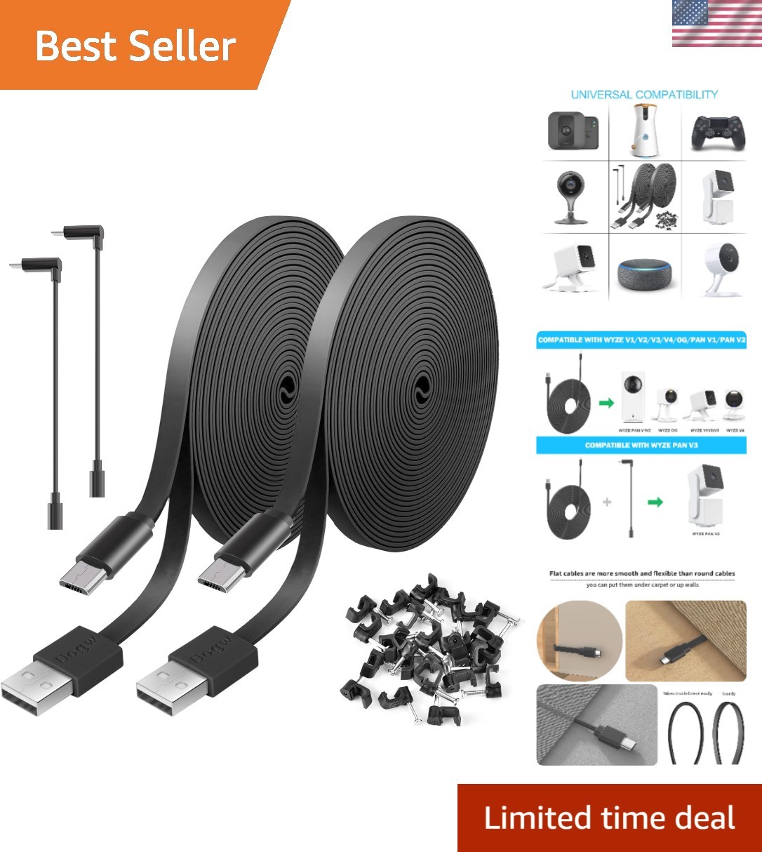 Extra Long 20FT Male-Female USB Extension Cables - 2 Pack for Security Cameras