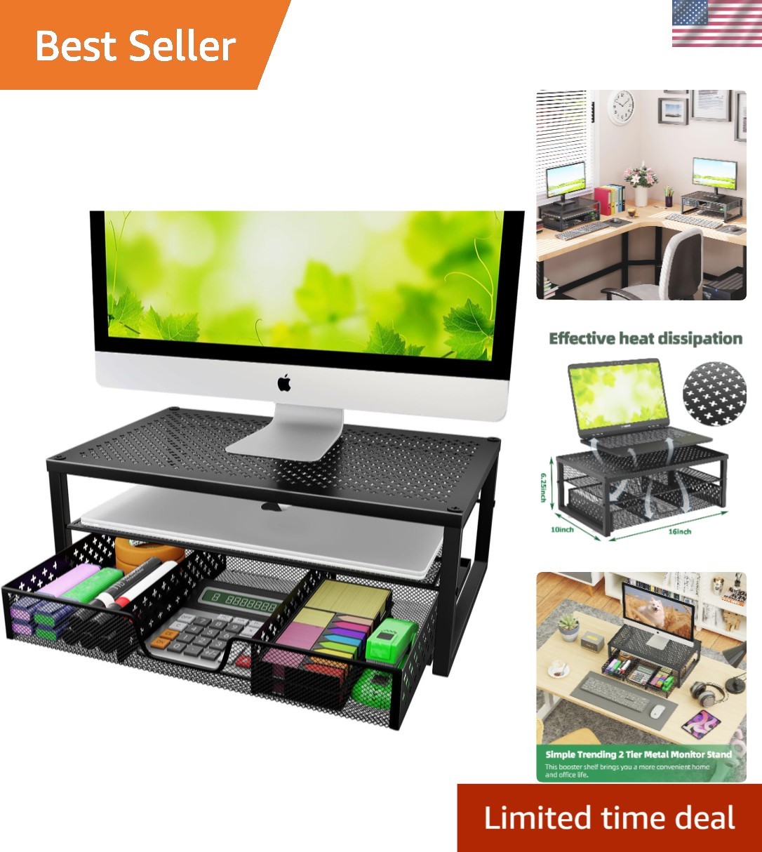 Ergonomic Black Metal Monitor Stand Riser with Drawer for Workspace Organization