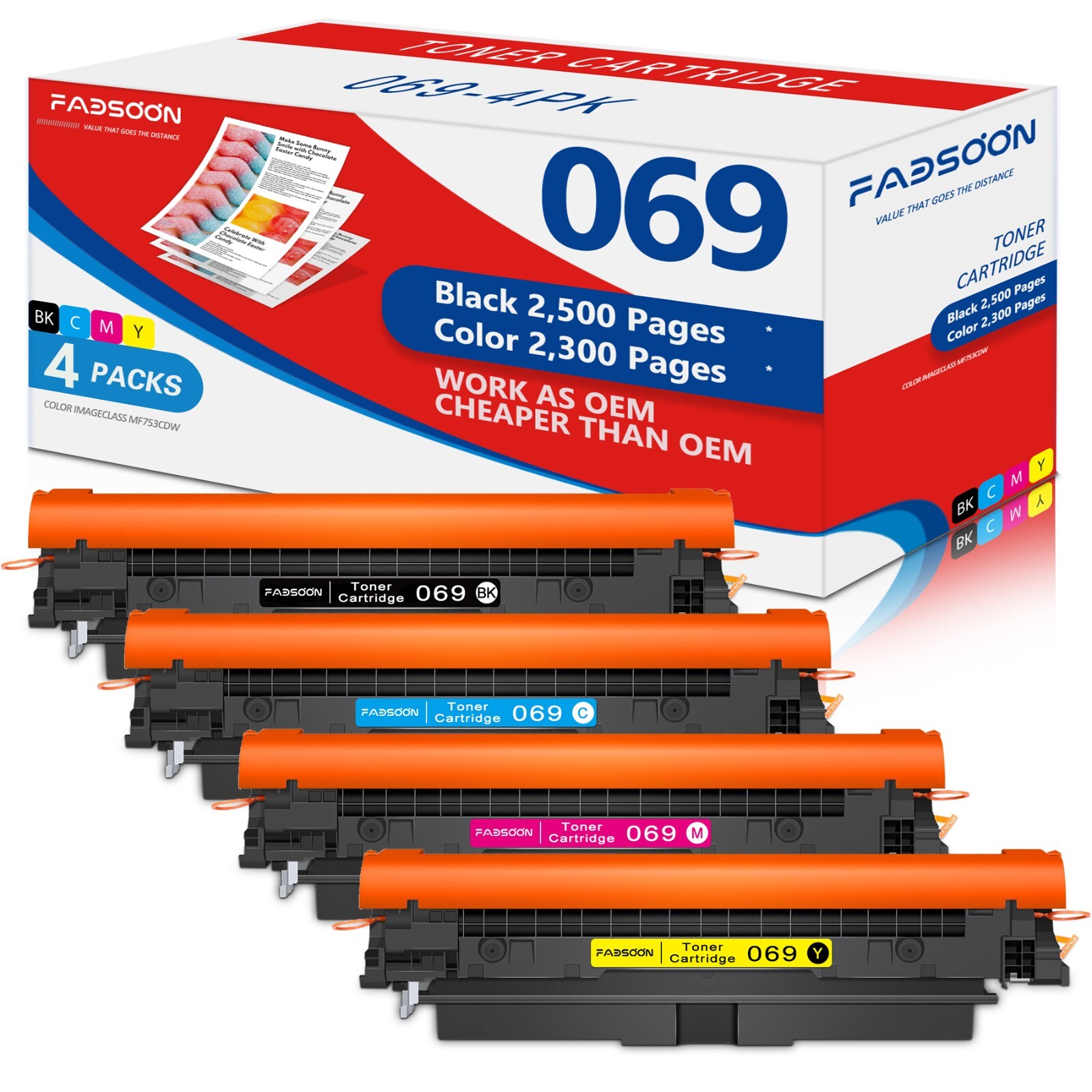 FADSOON® Compatible 069 Toner BK/C/M/Y Show Ink Levels for Canon MF753Cdw 4 PK