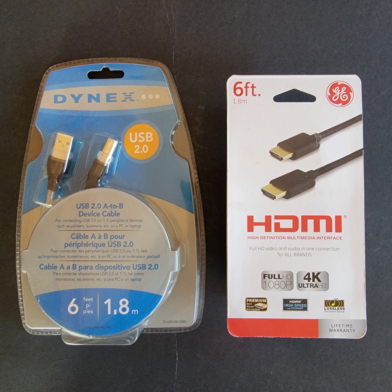 NEW 6ft Home Office Cable Bundle - GE 4K HDMI Cable & Dynex USB Printer Cable
