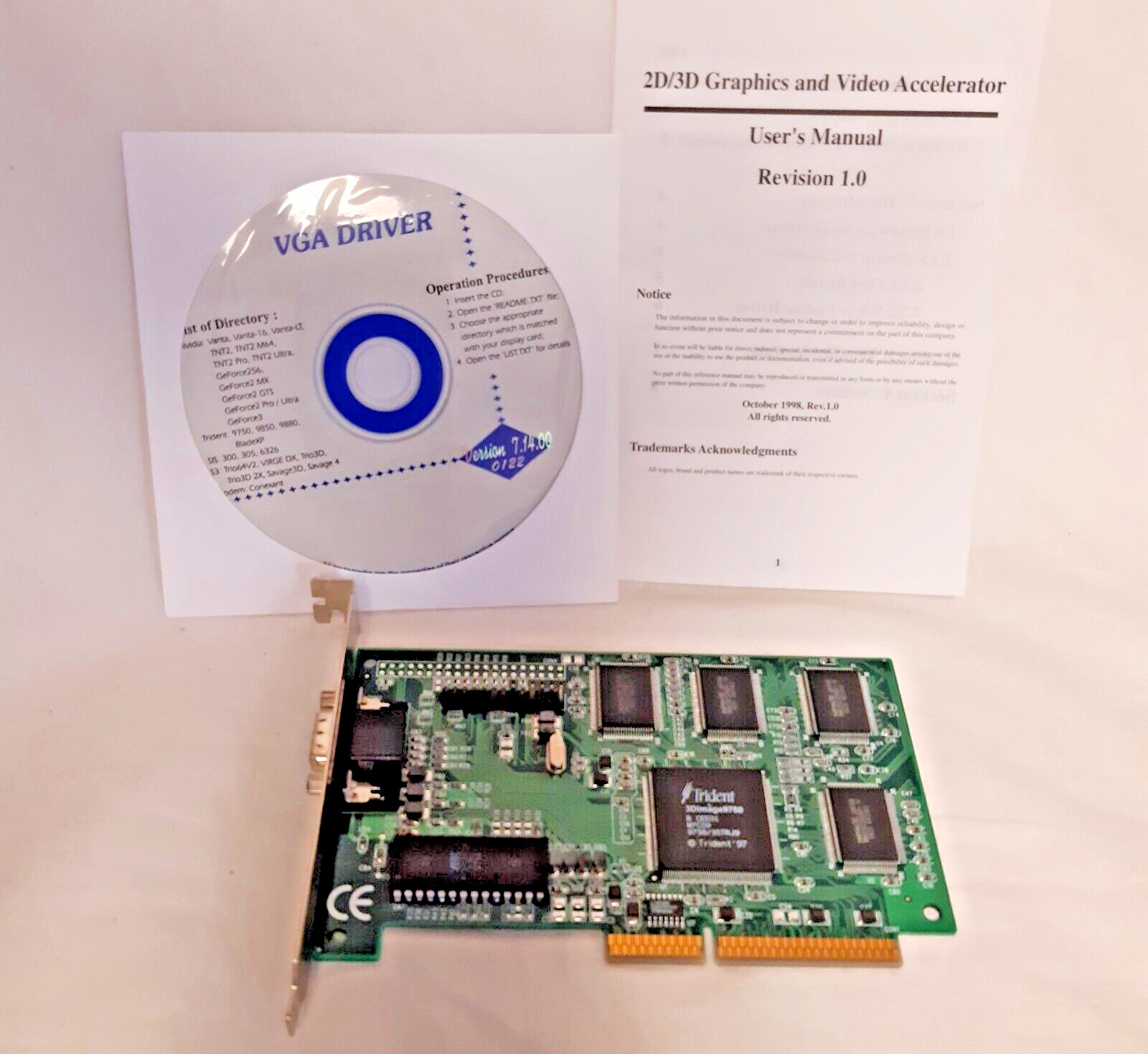 VINTAGE Trident 3DImage9750 4Mb AGP-1X m7c09 MANUAL & SW INCL. NEW OLD STOCK