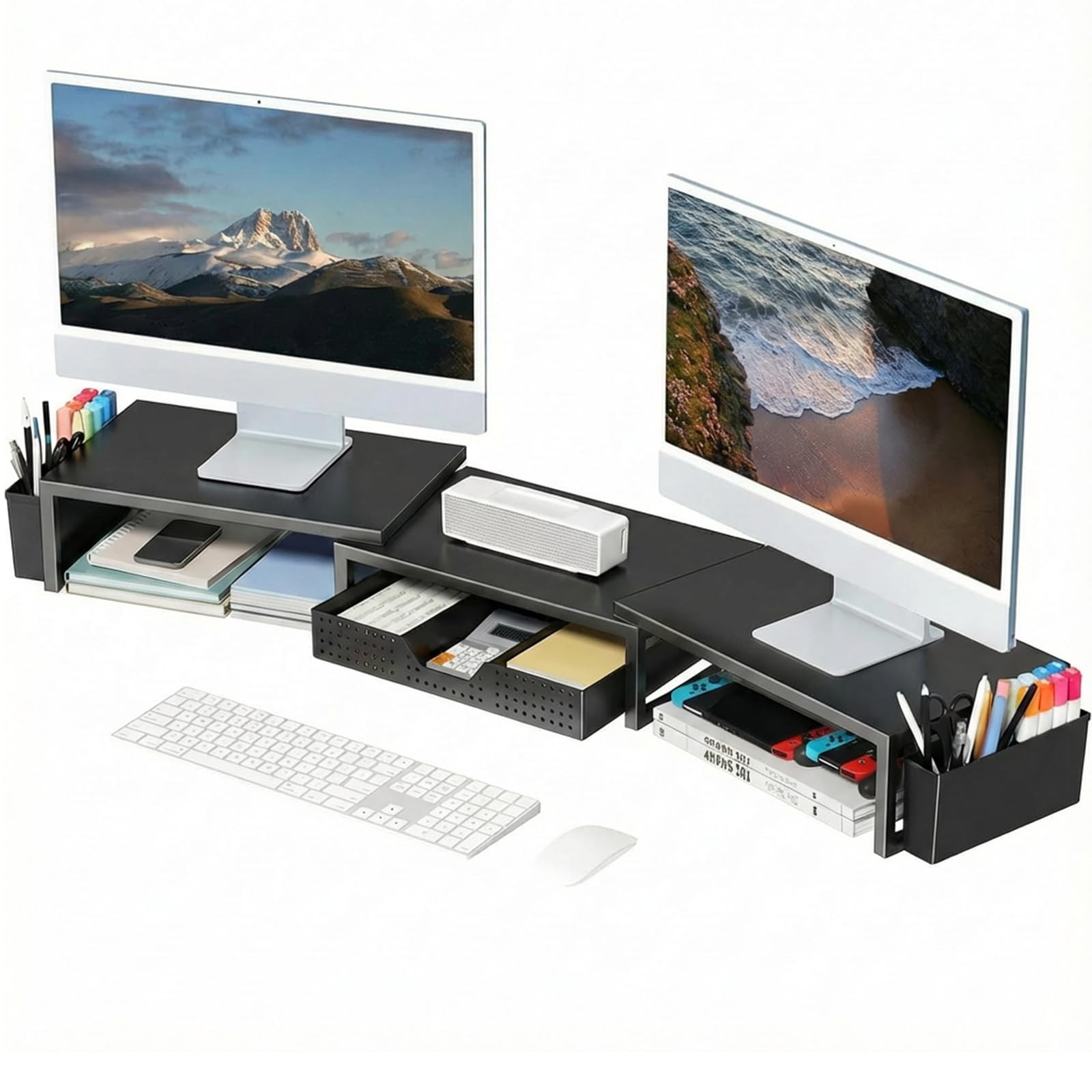 Desk Organizers and , Dual Monitor Stand Riser with Drawer and 2 Pen Holders,...