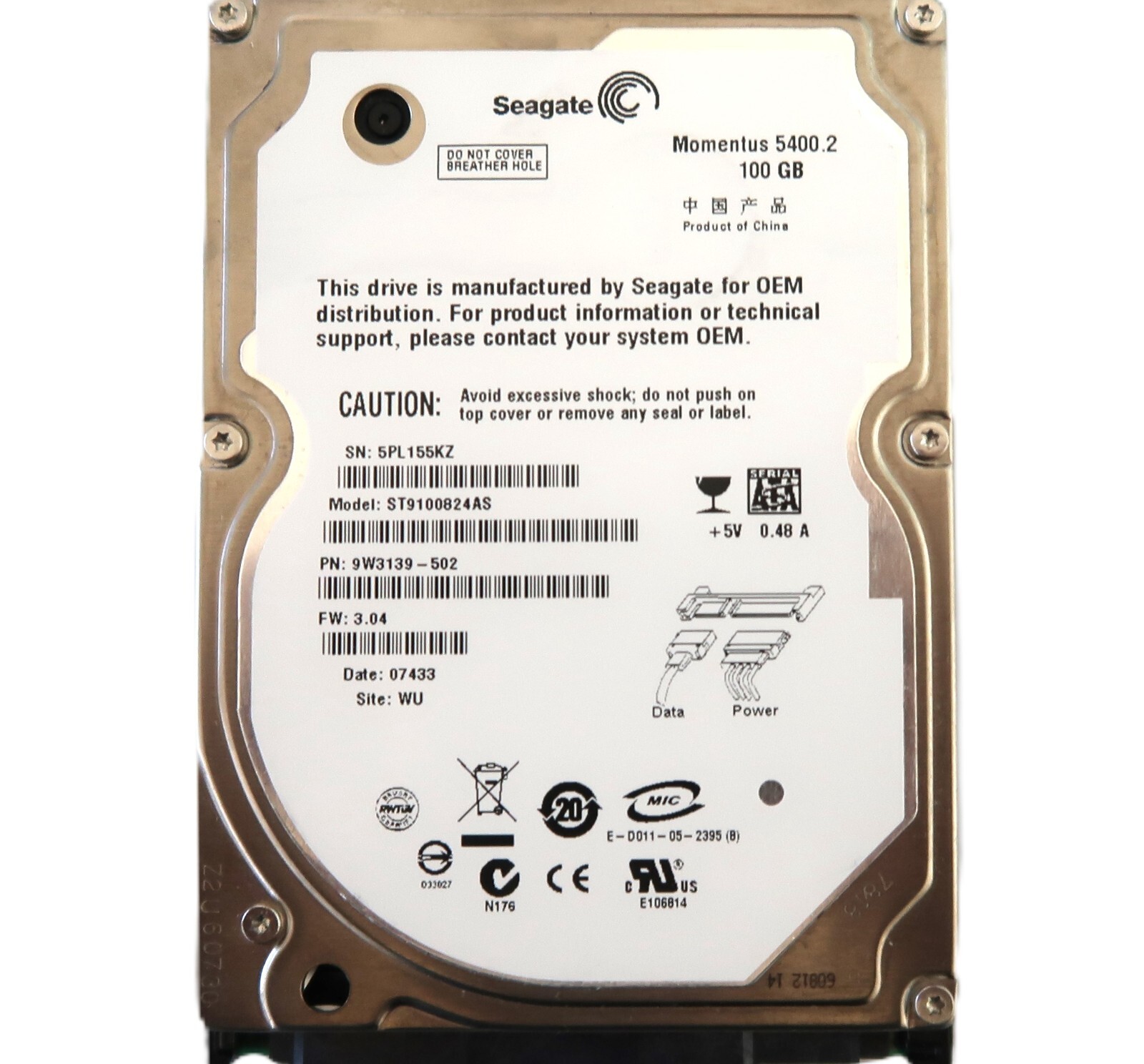 Seagate ST9100824AS 9W3139-502 3.04 (5PL) WU China 100gb 2.5" Sata HDD 04/2007