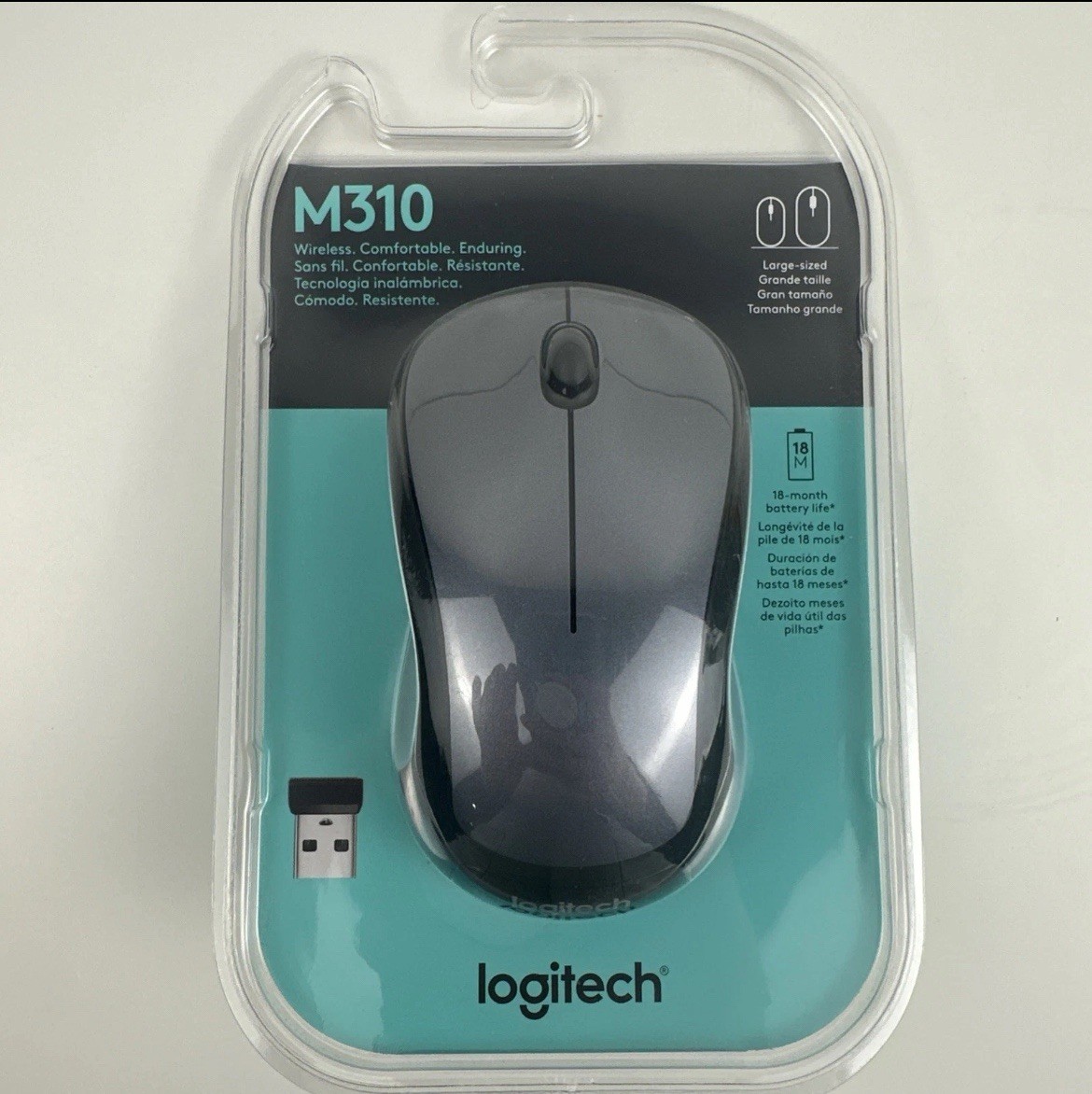 Logitech M310 LARGE SIZED Wireless Mouse & LOGI RECEIVER Black Gray SEALED NEW