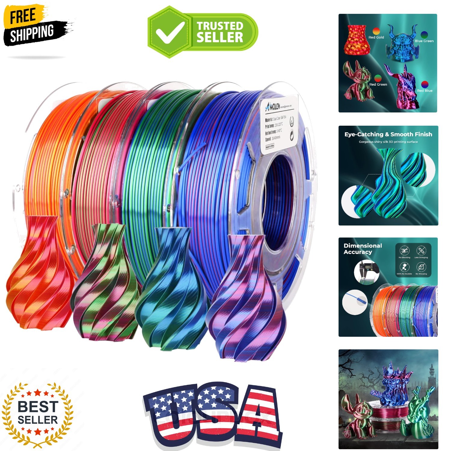 Silk PLA 3D Printer Filament Bundle, Shiny Dual Color Filament 1.75mm Pack, M...