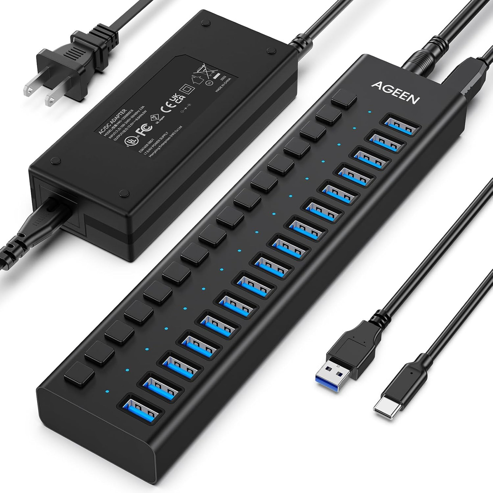 16-Port USB 3.2 Gen 2 Hub, 10Gbps High-Speed Aluminum Powered Hub with 96W