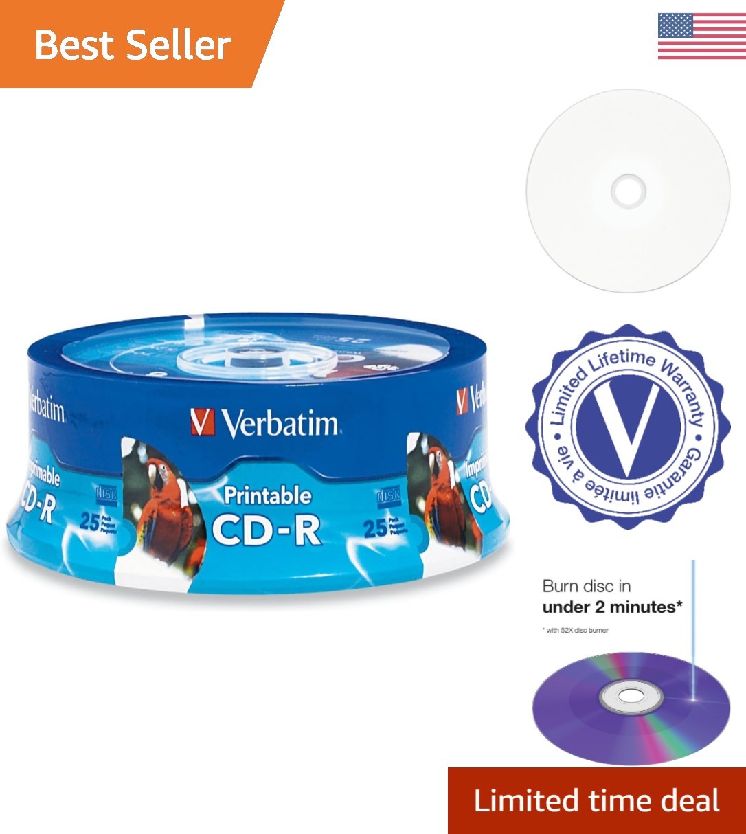 Vibrant 700MB Hub Printable CD-R Discs - 25-Pack for Photo Quality Printing