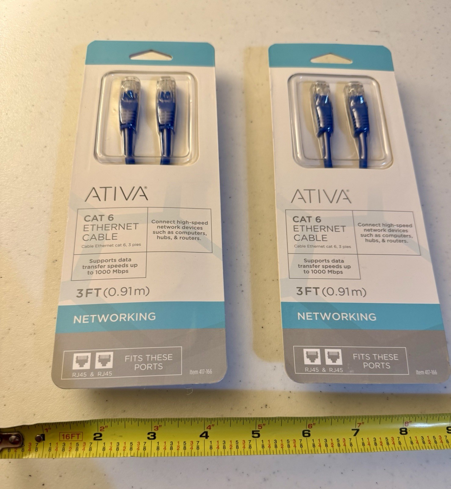 ATIVA CAT 6 Ethernet Cable 7 FT 1000 Mbps Blue Includes Two Male RJ45 Plugs- New