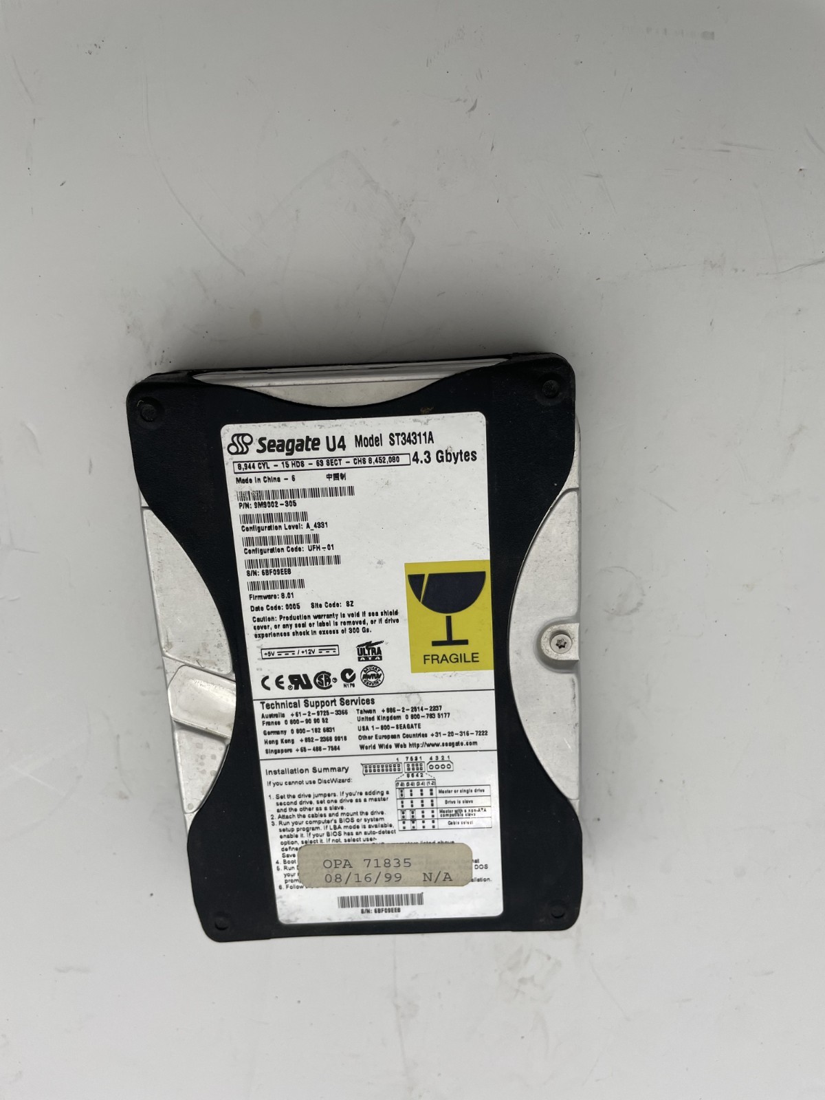Vintage Seagate U4 Model ST34311A 4.3GB 3.5 IDE Internal Desktop Hard Drive 1999