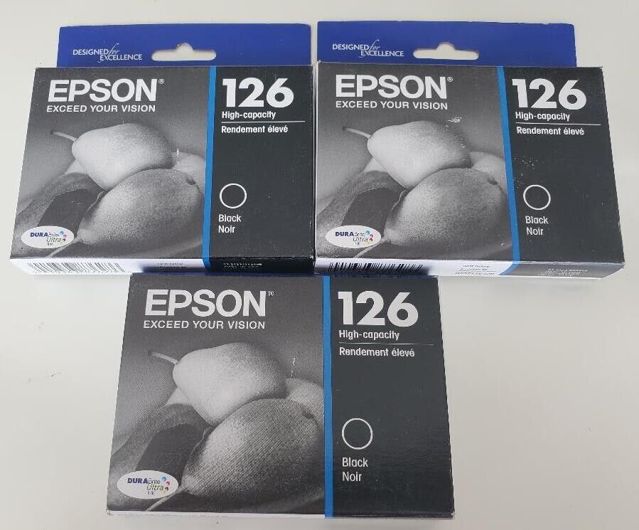 SET of 3 New Genuine FACTORY SEALED Epson 126 Black Inkjet Cartridges 2023