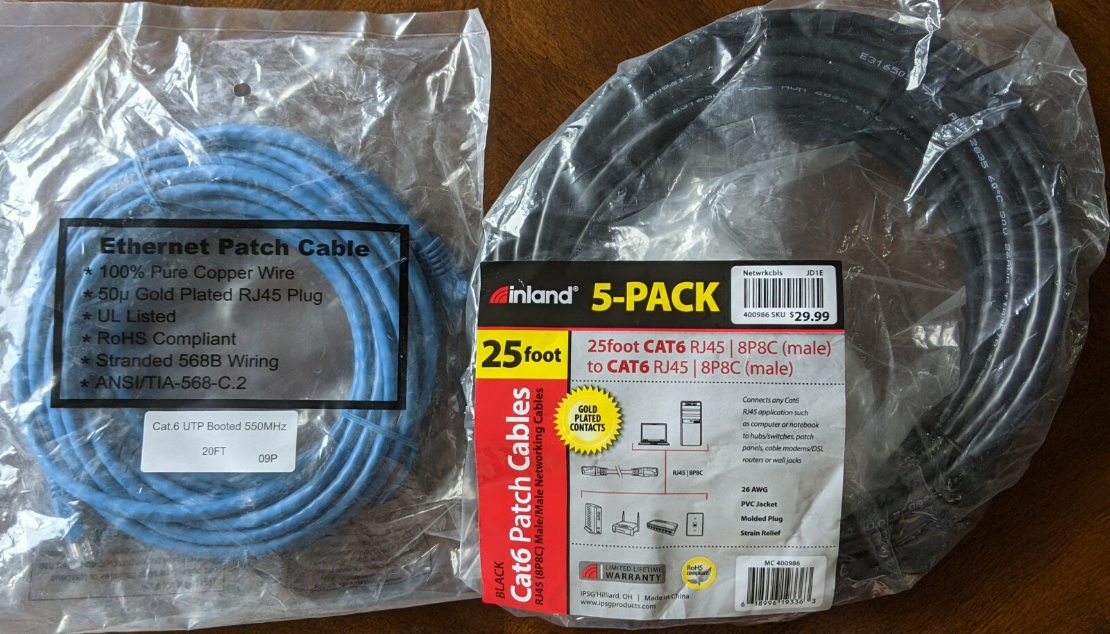 Lot of 2 - Brand New CAT6 RJ45 Networking Cables - 25ft (Black) + 20ft (Blue)