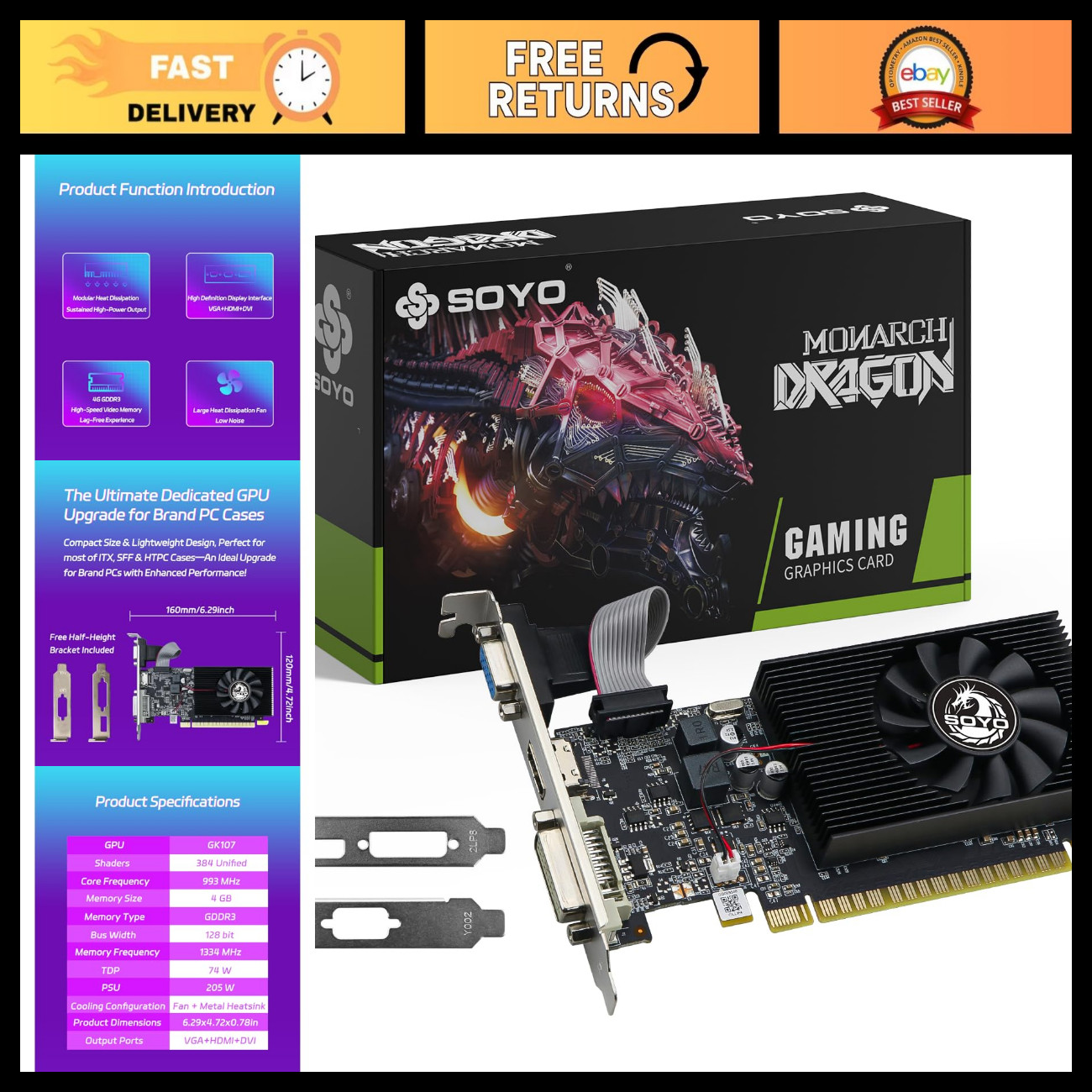 4GB DDR3 Low Profile Graphics Card, 128-Bit, Triple Output HDMI/VGA/DVI-D, Slim