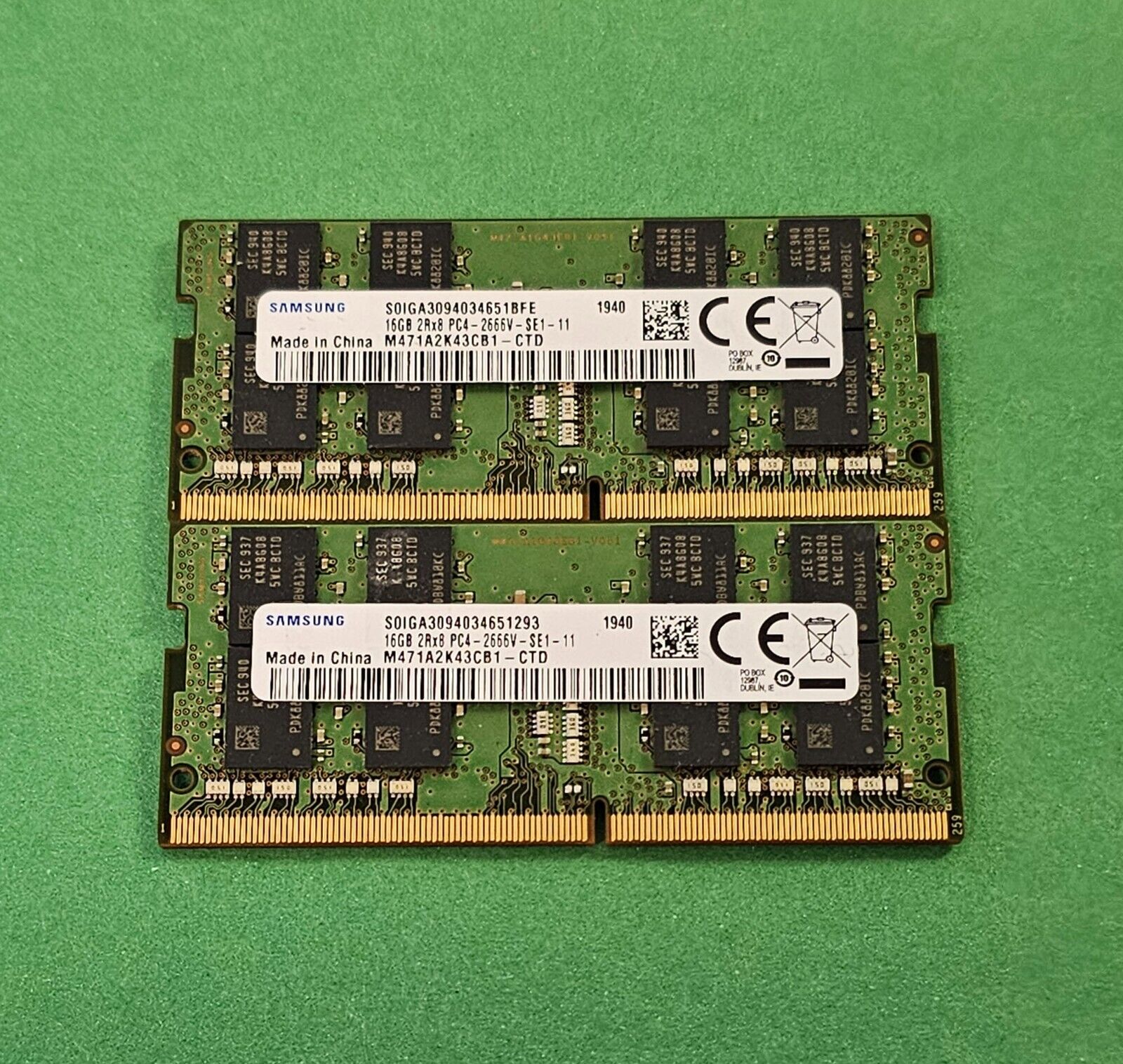 Lot of 2x 16GB Samsung M471A2K43CB1-CTD  PC4-21300 (DDR4-2666) Laptop RAM Memory