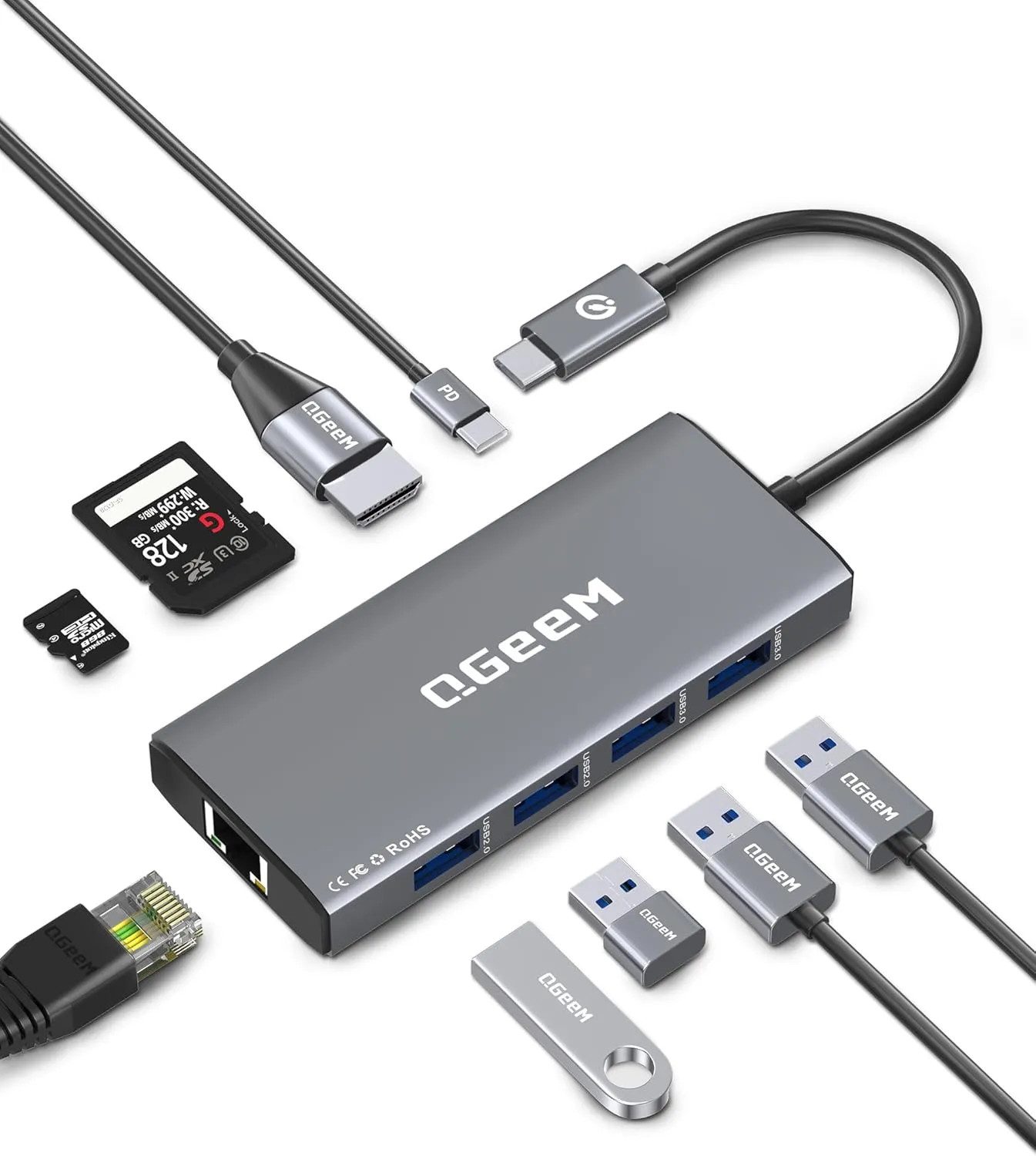 9 In 1 USB C Hub Ethernet Adapter 100W PD HDMI USB 3.0 SD TF Card Reader Gray...