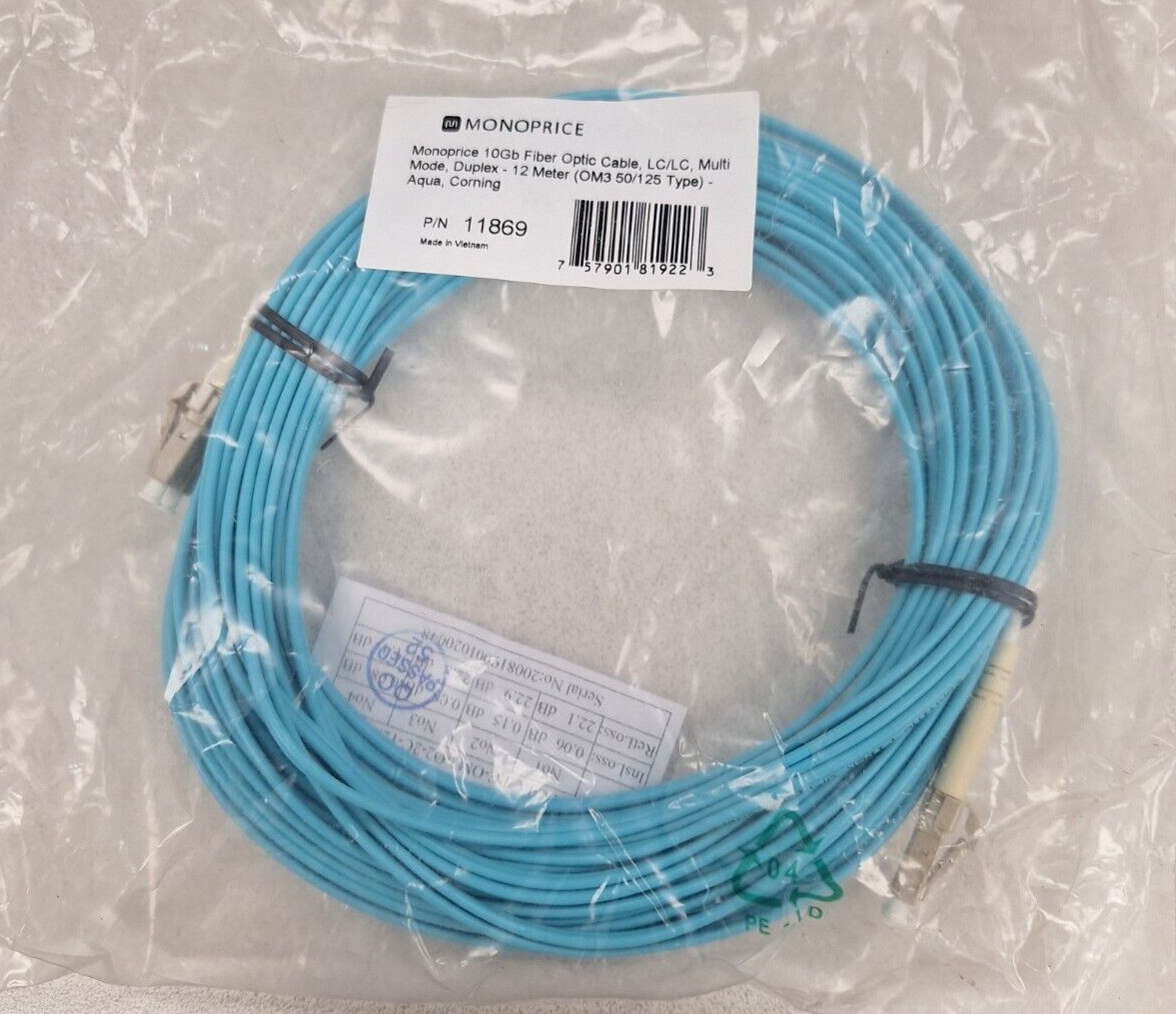 Monoprice OM3 Fiber-Optic Cable,LC/LC, Multi-Mode, Duplex, 10GB OM3 50/125, 12M