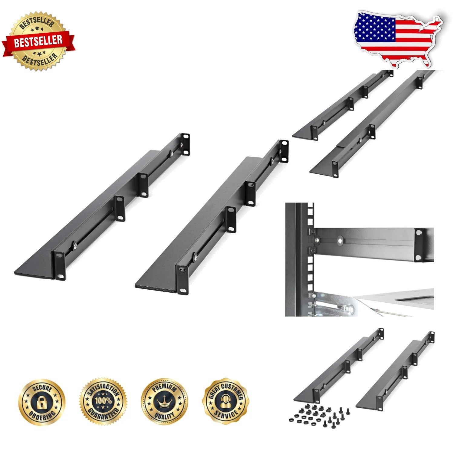 Durable 1U Rack Rails 19" 200lb Weight Capacity Adjustable Steel Construction
