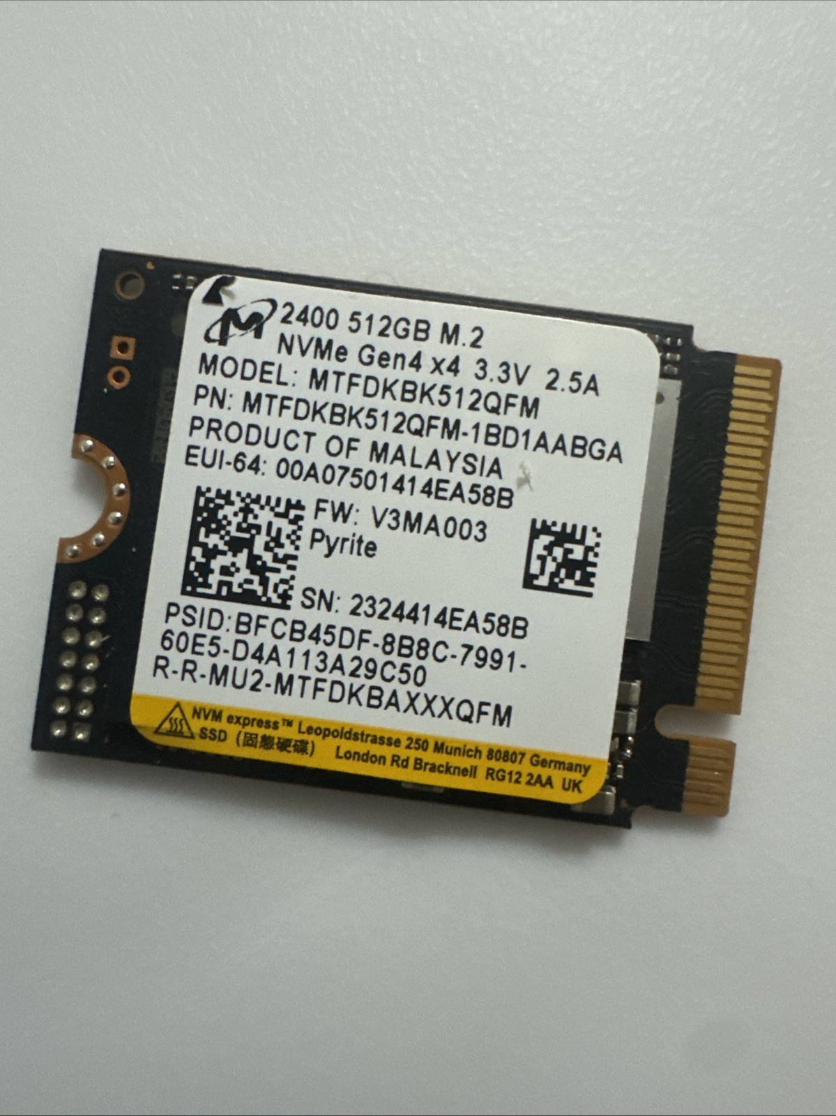 Used Micron 512GB SSD - 2400A M.2 2230 NVMe PCIe Gen4x4 MTFDKBK512QFM Tested
