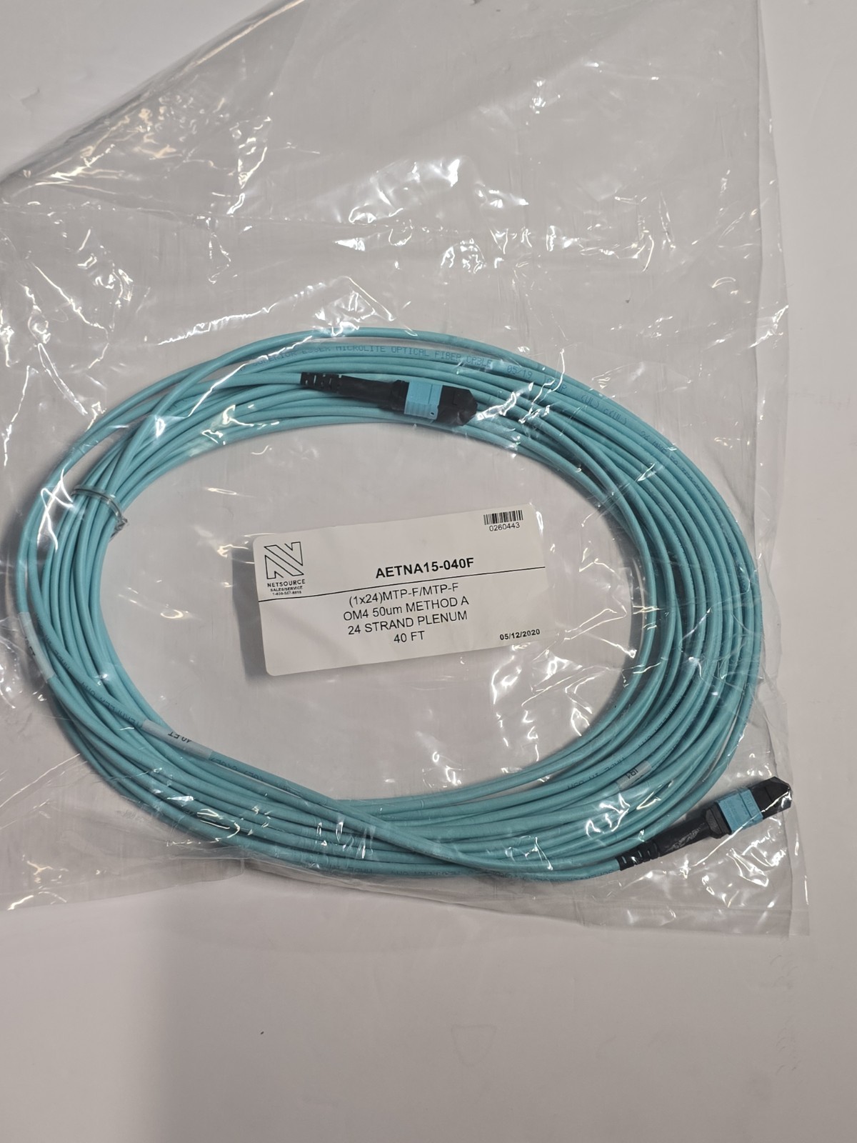 OM4 MTP MPO Fiber Trunk Cable 40FT 24 Strand Plenum OFNP Method A Aqua New