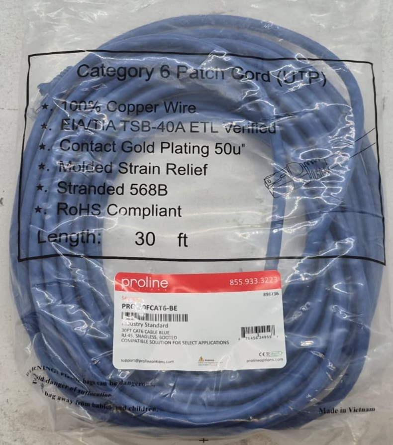 Proline Pro-30FCAT6-BE 30Ft Cat6 Patch Cable (UTP) Blue RJ-45