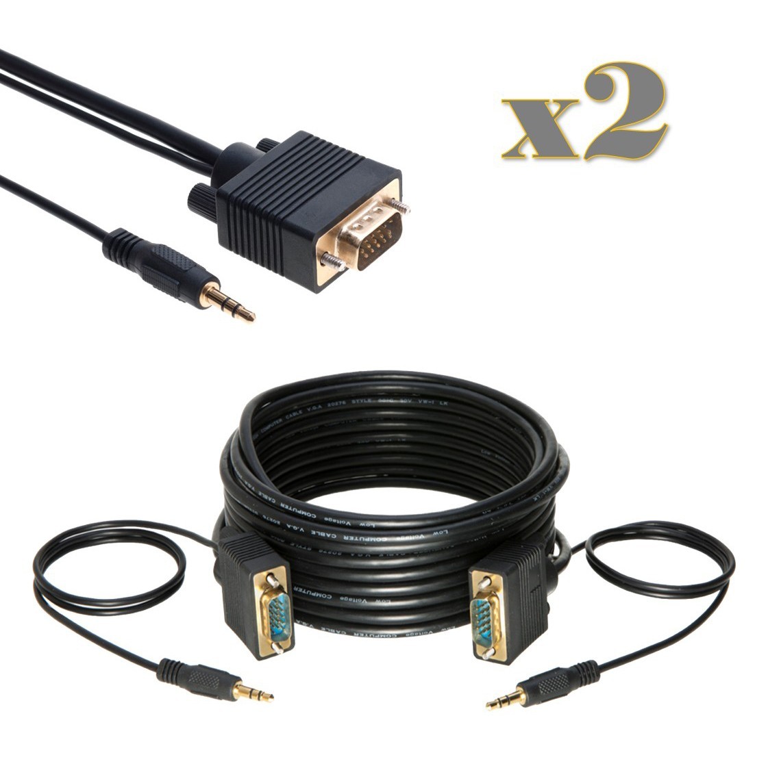 2-Pack - 50FT SVGA M/M Cable + 3.5mm Aux Audio Jack for Monitor, PC, Project TV