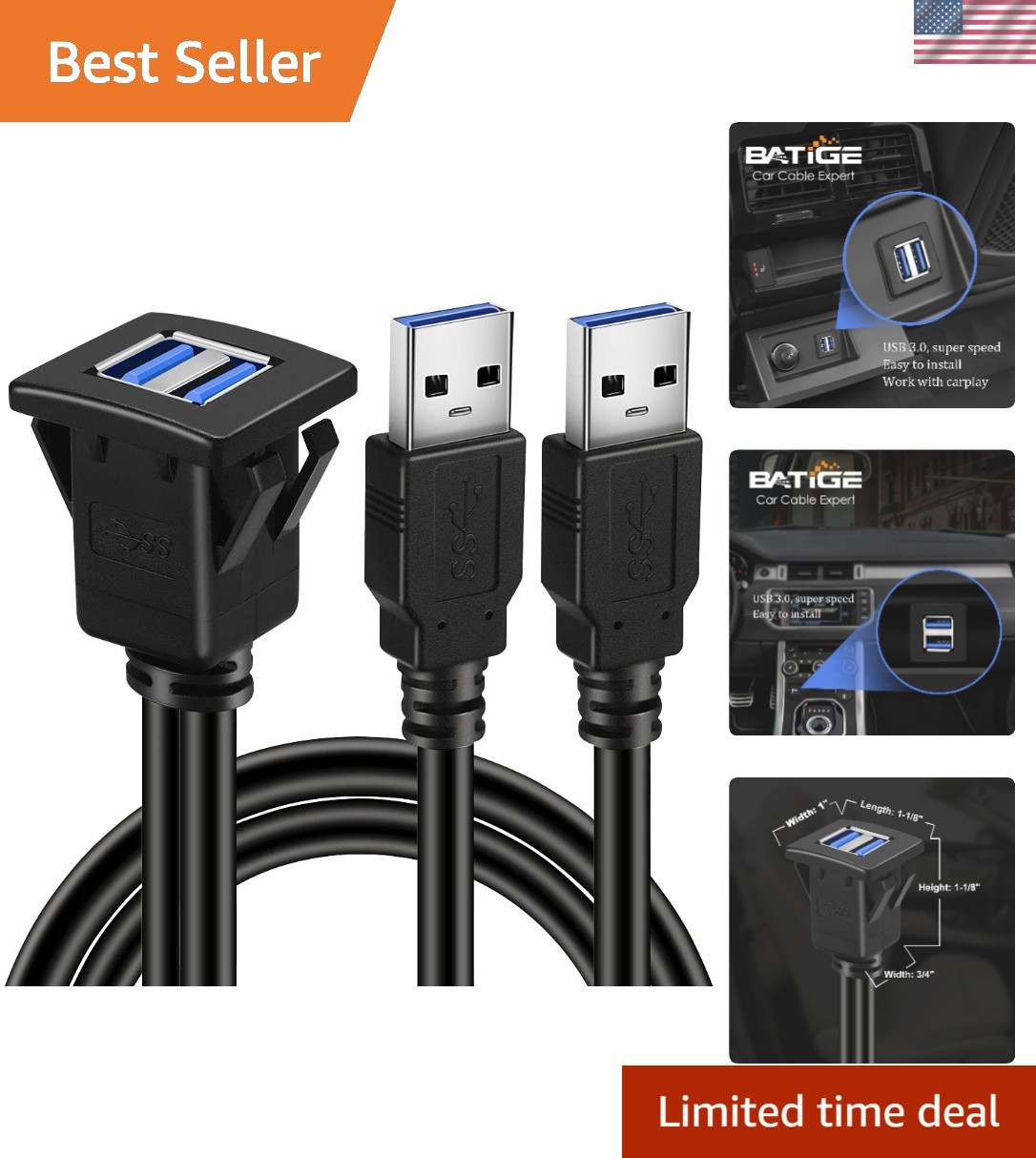 Versatile Dual USB 3.0 Extension Cable with Buckle for Cars, Trucks & More - 1ft